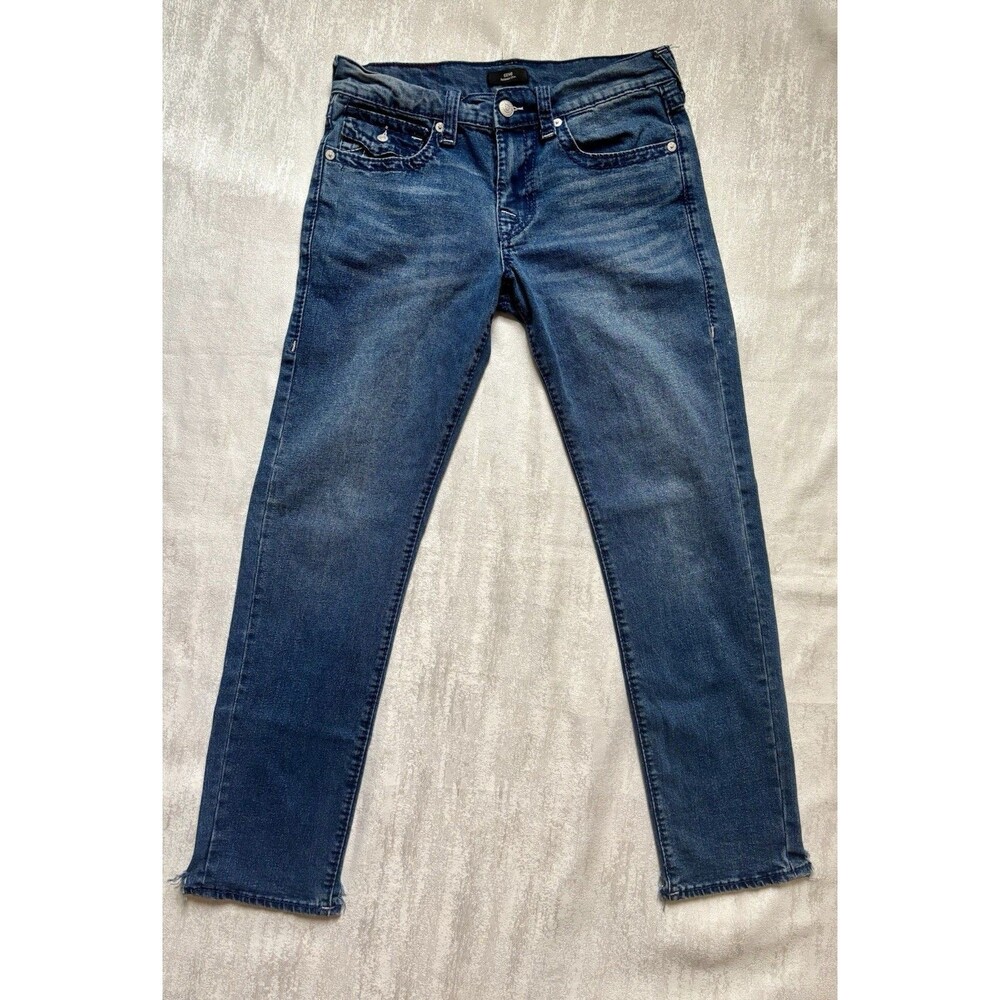 True Religion Geno Men’s Blue Denim Jeans Relaxed Slim Fit Hem/Raw Size 31
